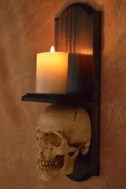 Skeletons And More "Classic Skull Wall Sconce Style II W/ Ivory Flameless Candle" Haunted House Lighting Realistic Props