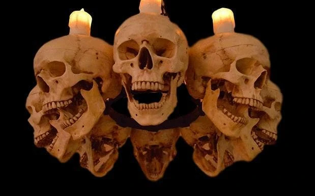 Skeletons And More "Skull Chandelier With 8 Skulls And Flameless Candles" Haunted House Lighting Decorations