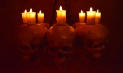 Skeletons And More "Skull Chandelier With 8 Skulls And Flameless Candles" Haunted House Lighting Decorations