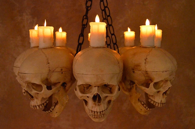 Skeletons And More "Skull Chandelier With 8 Skulls And Flameless Candles" Haunted House Lighting Decorations